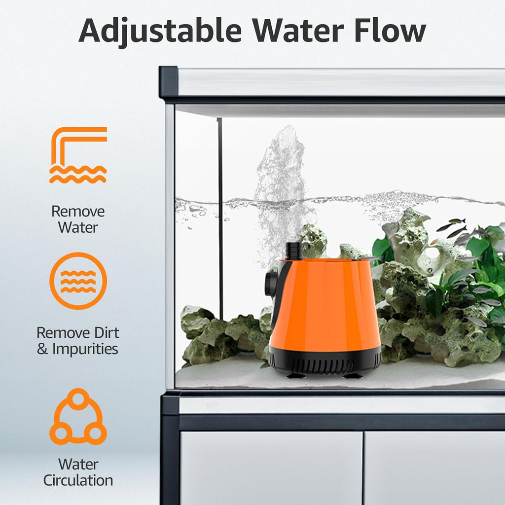 AQUE 360° All-round Water Intake Submersible Pump. It is suitable for fish tanks, ponds, aquariums and hydroponic systems. It comes with a 6-foot power cord and 4 nozzles. (100W)