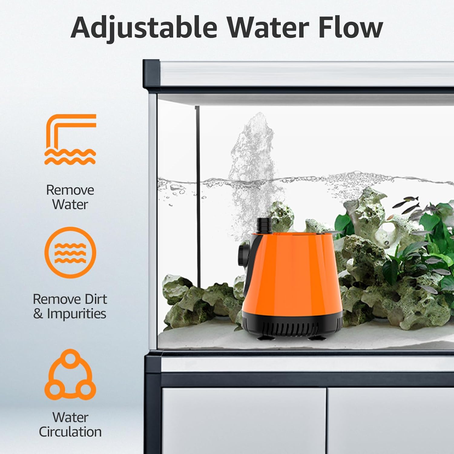 AQUE 360° All-round Water Intake Submersible Pump. It is suitable for fish tanks, ponds, aquariums and hydroponic systems. It comes with a 6-foot power cord and 4 nozzles. (100W)