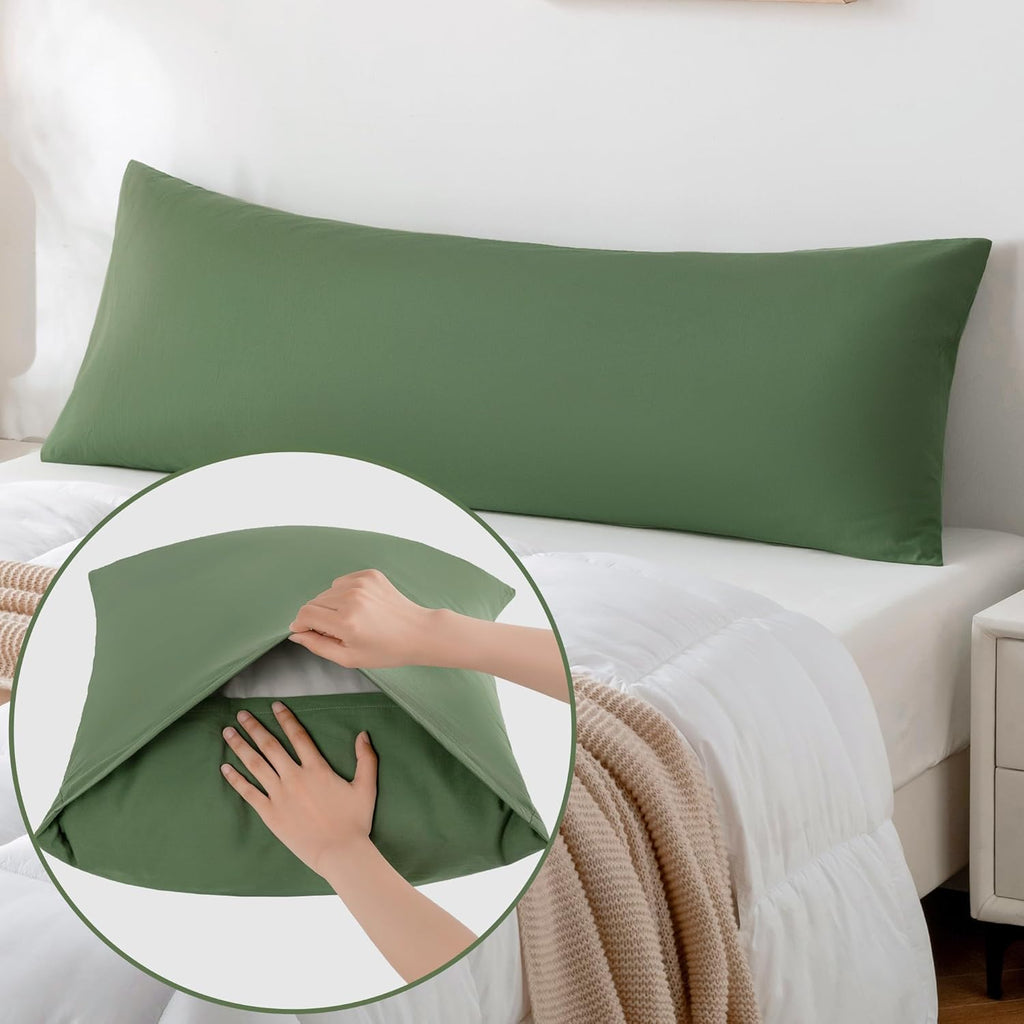 JELLYMONI 1pc Cotton Envelope Pillow Cover Green 20x54in Bed Pillow Case 100% Washed Cotton Soft Breathable