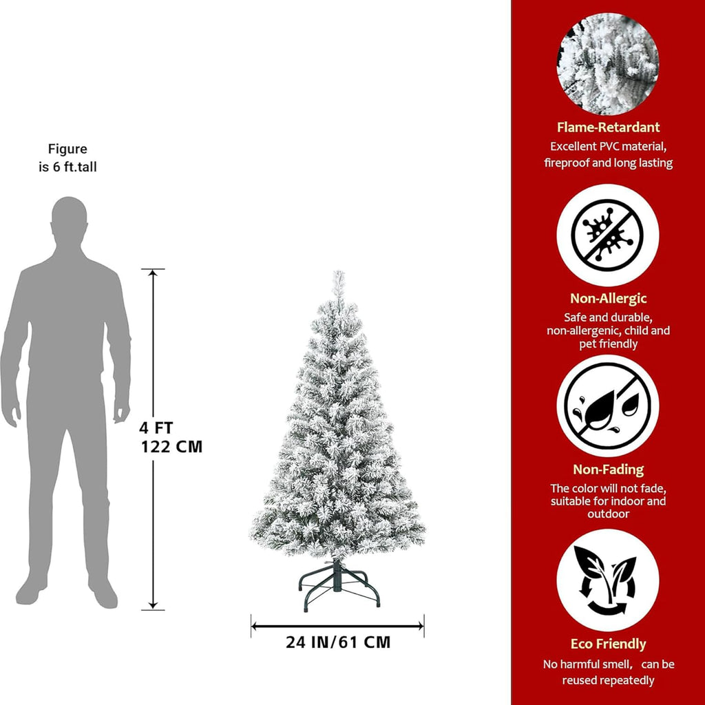 4FT Flocked Artificial Christmas Tree, Full Unlit White Christmas Tree with Premium PVC Branches, Realistic Snowy Look, Sturdy Metal Stand, Indoor Fake Snow Xmas Tree for Home Office Shops