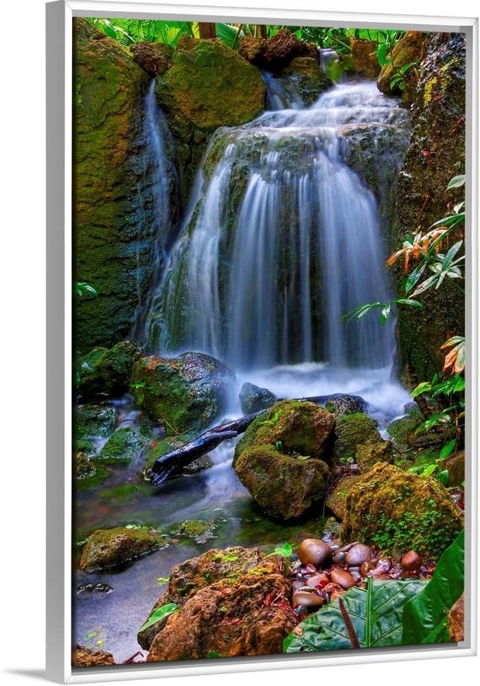 CANVAS ON DEMAND Waterfall in Tropical Rainforest of Fairchild Tropical Gardens, White Float Framed Canvas Wall Art Print, Home Decor, Floral, Flowers, Nature Artwork, 20" x30in