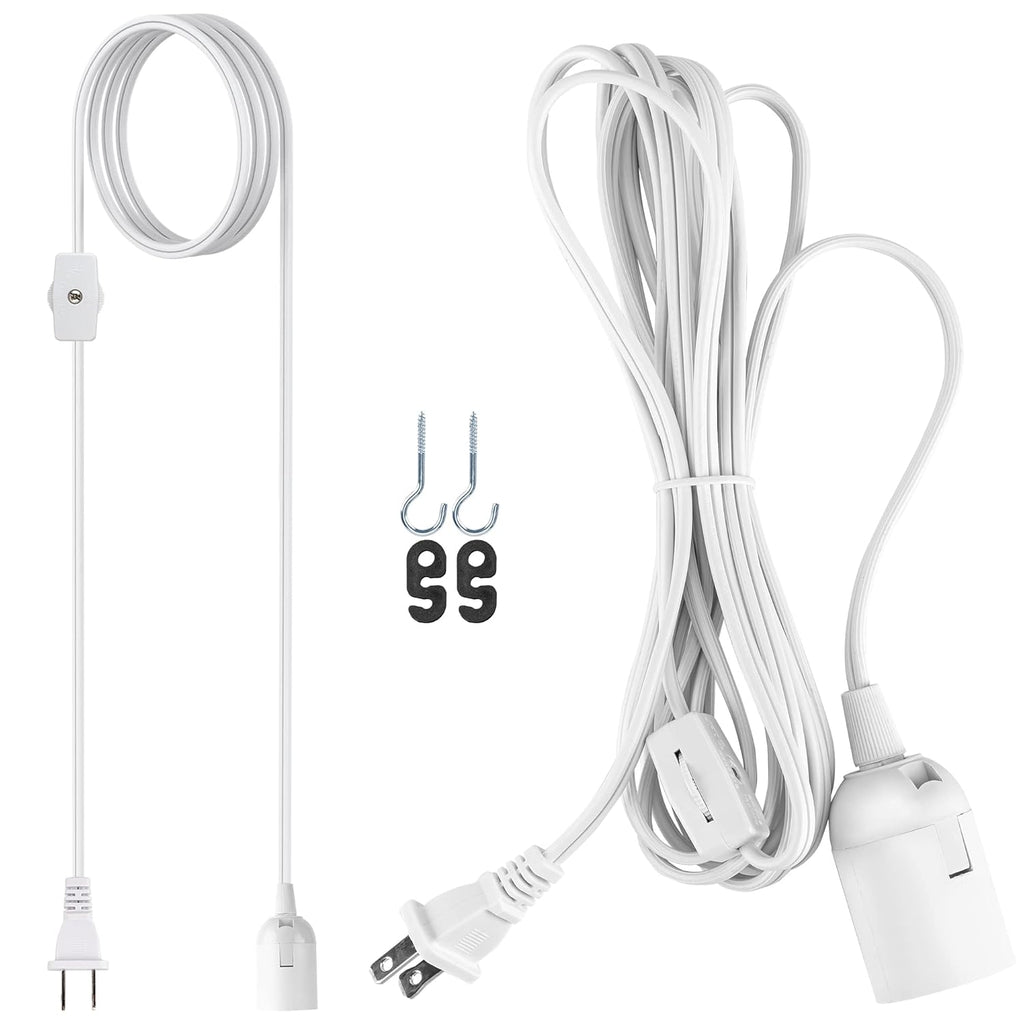 JACKYLED Extension Hanging Lantern Cord Cable UL 1-Pack 12Ft 360W with E26 E27 Socket Gear Switch + Hooks + 2-Prong US AC Power Plugs Pendant Lighting Bulb Lamp for Kitchen Bedroom Bathroom