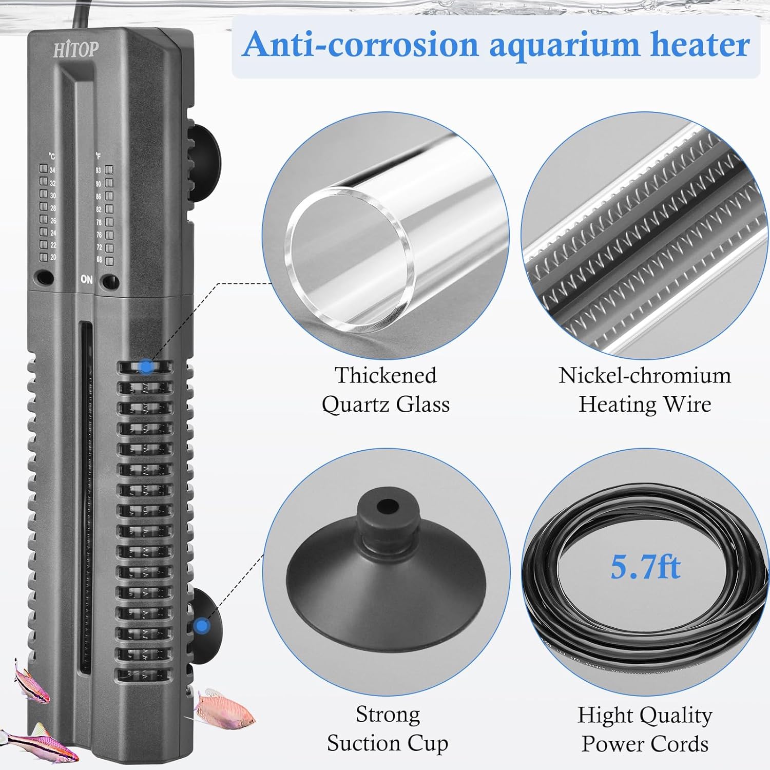 HITOP 400W 600W Submersible Aquarium Heater, Fish Tank Heater with External Controller and Cover, Large Heater for Seawater/Fresh Water Aquarium