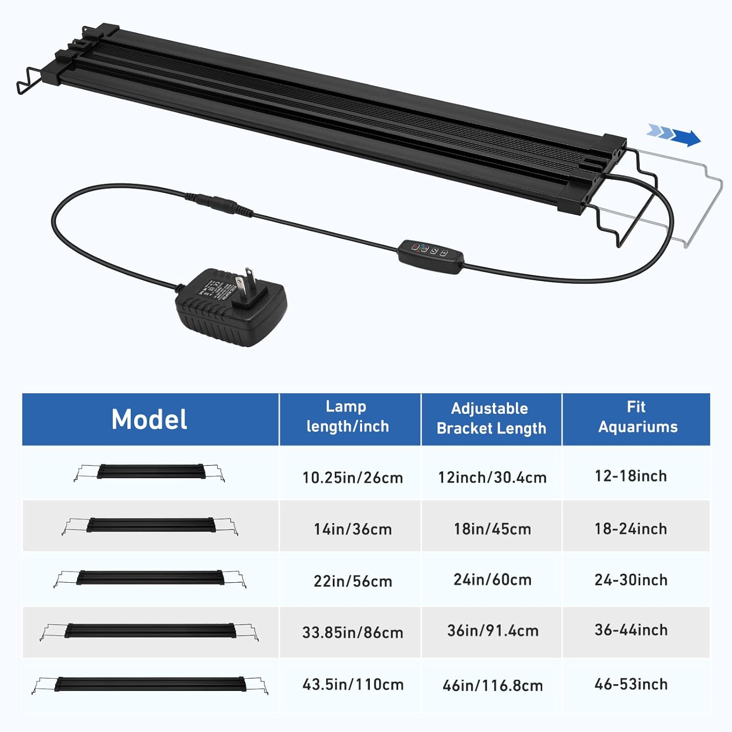 LED Aquarium Light for 18–24 Inch Fish Tanks – Timer with Auto On/Off, 10-Level Brightness, White/Blue/Red+White Modes, Extendable Brackets & Hanging Design (Rope Not Included) (18-24inch)