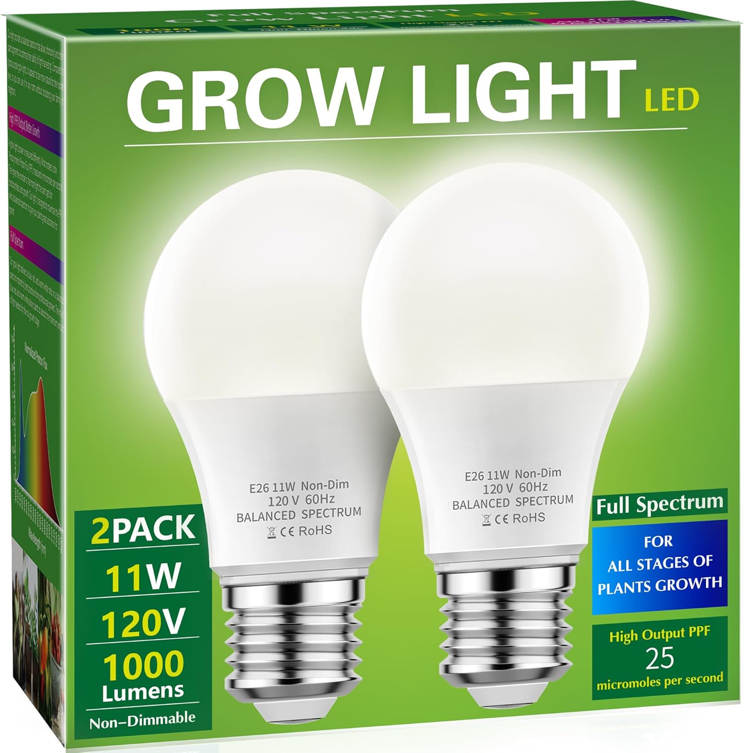 Briignite Grow Light Bulbs, Full Spectrum Grow Light Bulb, LED Grow Light Bulb A19 Bulb, Plant Light Bulbs E26 Base, 11W Grow Bulb 100W Equivalent, Grow Light for Indoor Plants, Seed Starting, 2 Pack