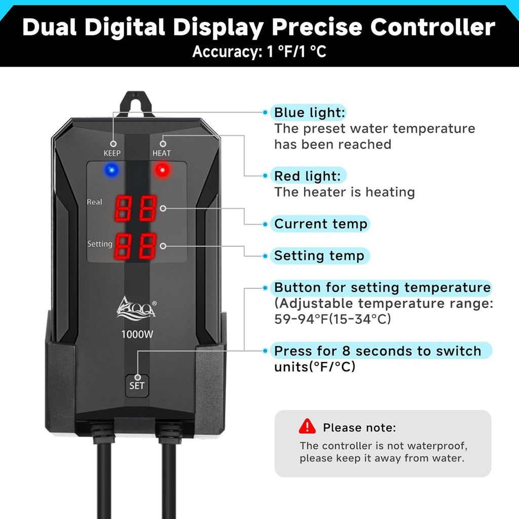 AQQA Aquarium Heater, 300W Submersible Fish Tank Heater with Rapid Heating Quartz Tubes and Precise Dual Digital Display Controller for Up to 60 Gallon Seawater Freshwater Fish Tank
