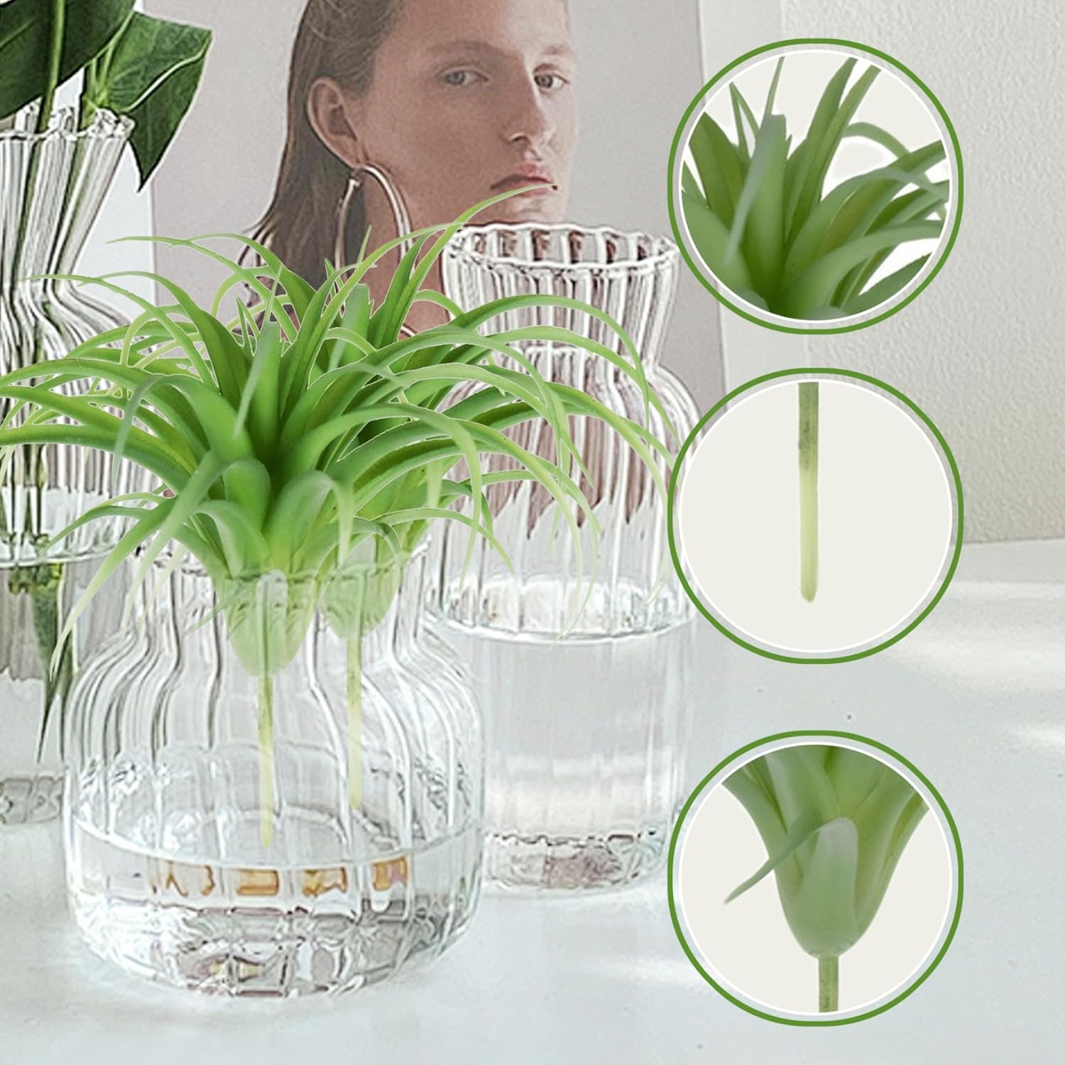 Artificial Air Plants 4Pcs 6x5 Realistic Air Plants PE Artificial Succulents Low Maintenance Tillandsia DIY Faux Greenery for Flower Arrangement