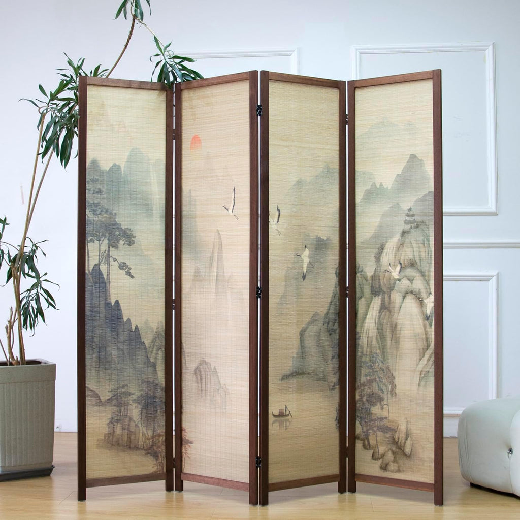 4 Panel Room Divider Screen and Folding Panel Screen,Double Sided Bamboo Divider for Room Separation,Mountains and Waters Landscape,67" H x 63" W