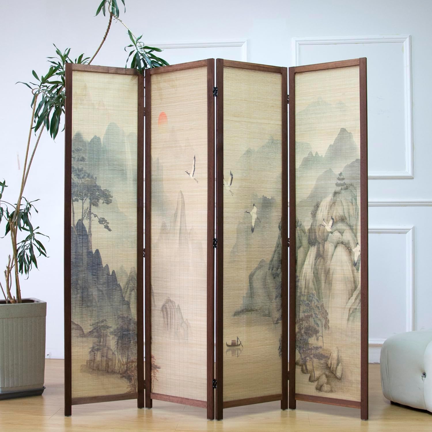 4 Panel Room Divider Screen and Folding Panel Screen,Double Sided Bamboo Divider for Room Separation,Mountains and Waters Landscape,67" H x 63" W