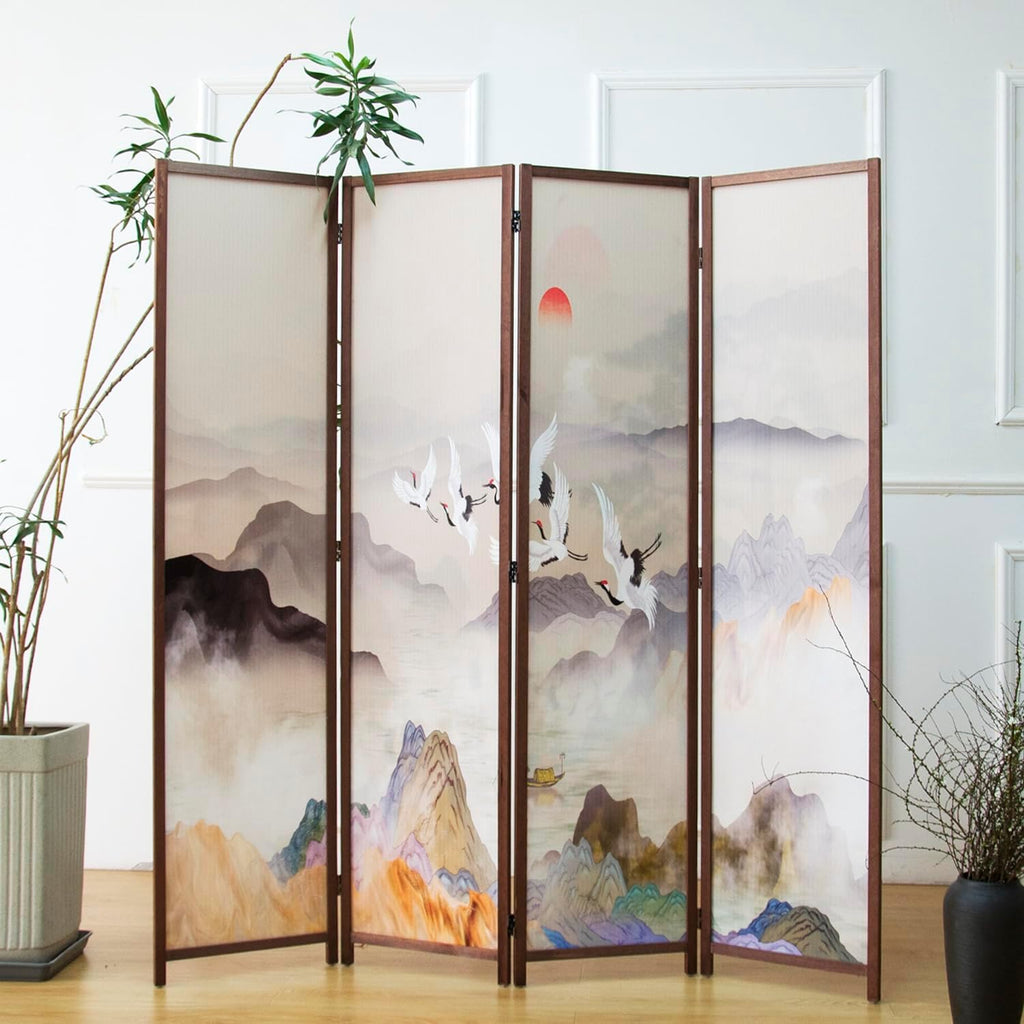 4 Panel Room Divider Screen,Double Faced Panel Divider Folding Screen Divider for Room Separation,Colorful Landscape,67" H x 63" W