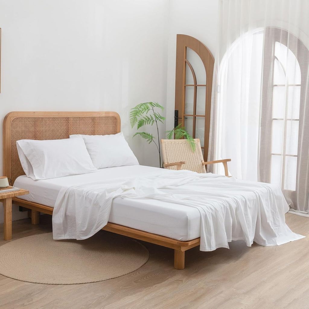 BESTOUCH Sheet Set 100% Washed Cotton Linen Feel Super Soft Comfortable Chic Lightweight 4 Pcs Home Bedding Set Solid Bright White Cal King
