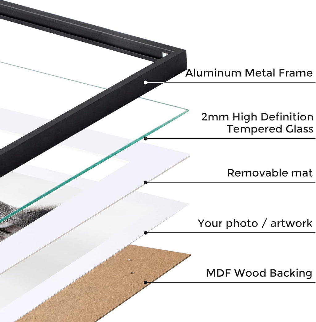 16x16 Metal Picture Frame with 12x12 Mat, Brushed Aluminum Finish, Tempered Glass Front, and Attached Hanging Hardware - Versatile Wall Display Frames for Vertical or Horizontal Orientation(Black,