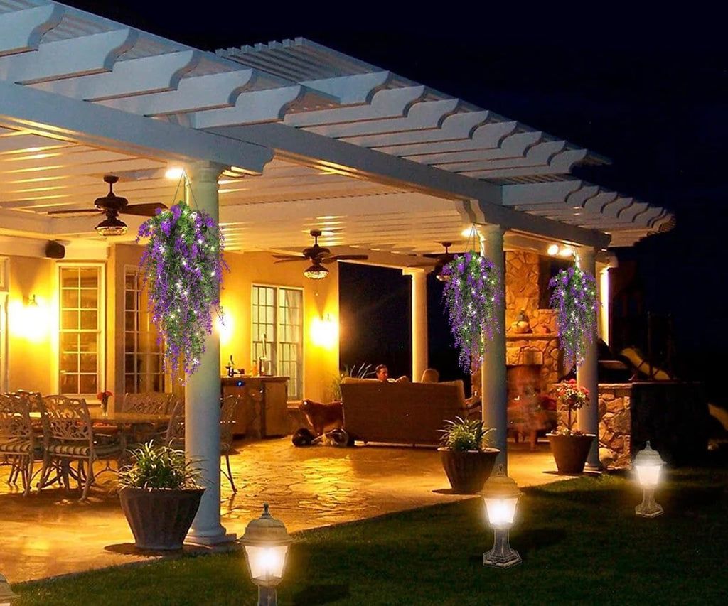 Artificial Hanging Plants with Lights Fake Monkey Plants Wall Decor Fake Outdoor Hanging Plants Hanging plants for Room Wedding Proch Yard Outdoor Home Wall Kitchen Bathroom Indoor Decoration(Purple)
