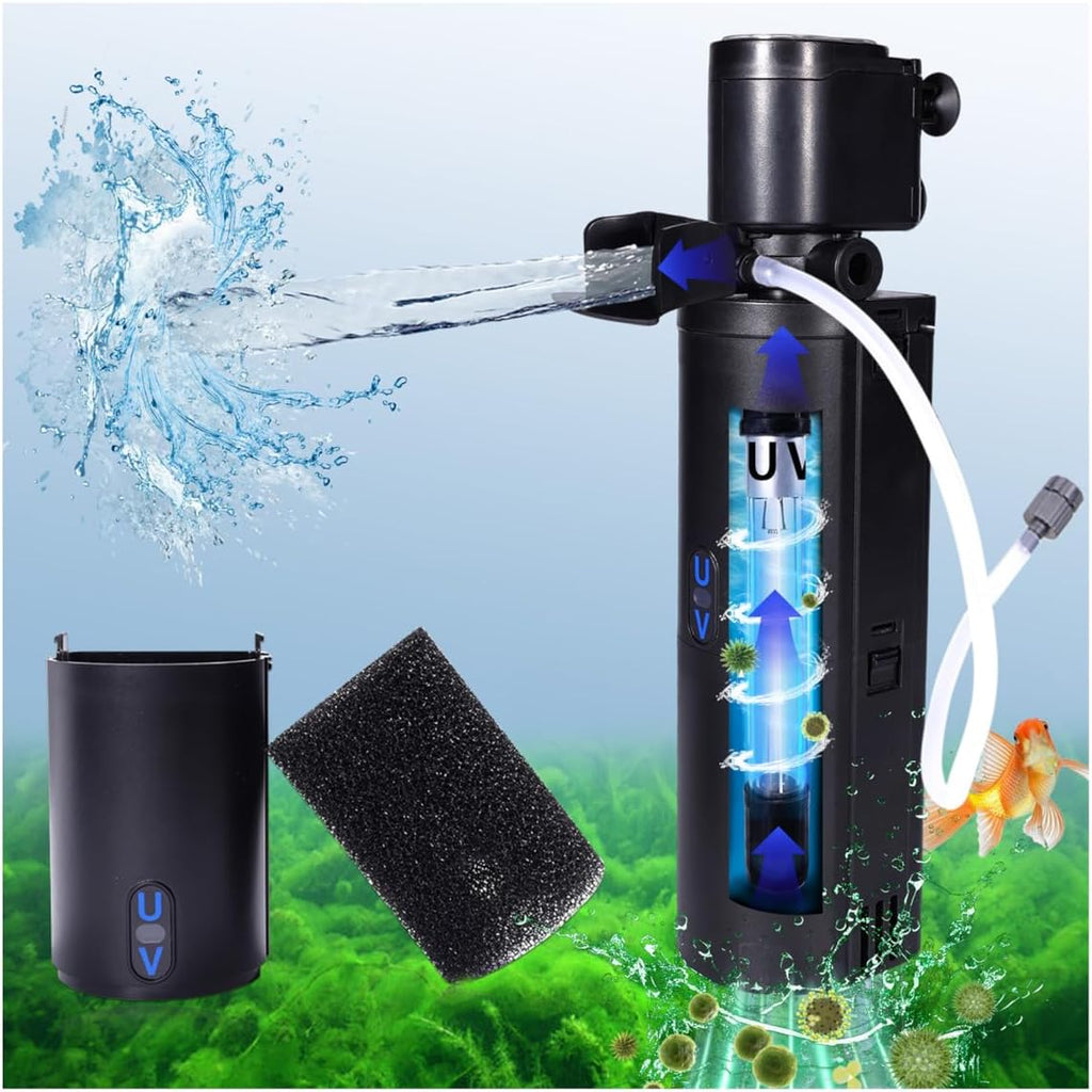 Dual-Chamber U-V Aquarium Filter, 4-in-1 Submersible Fish Tank Filter for 20-75 Gal Turtle Tanks, Ultra-Silent Green Clean Machine with Filtration, Wave Making & Oxygenation