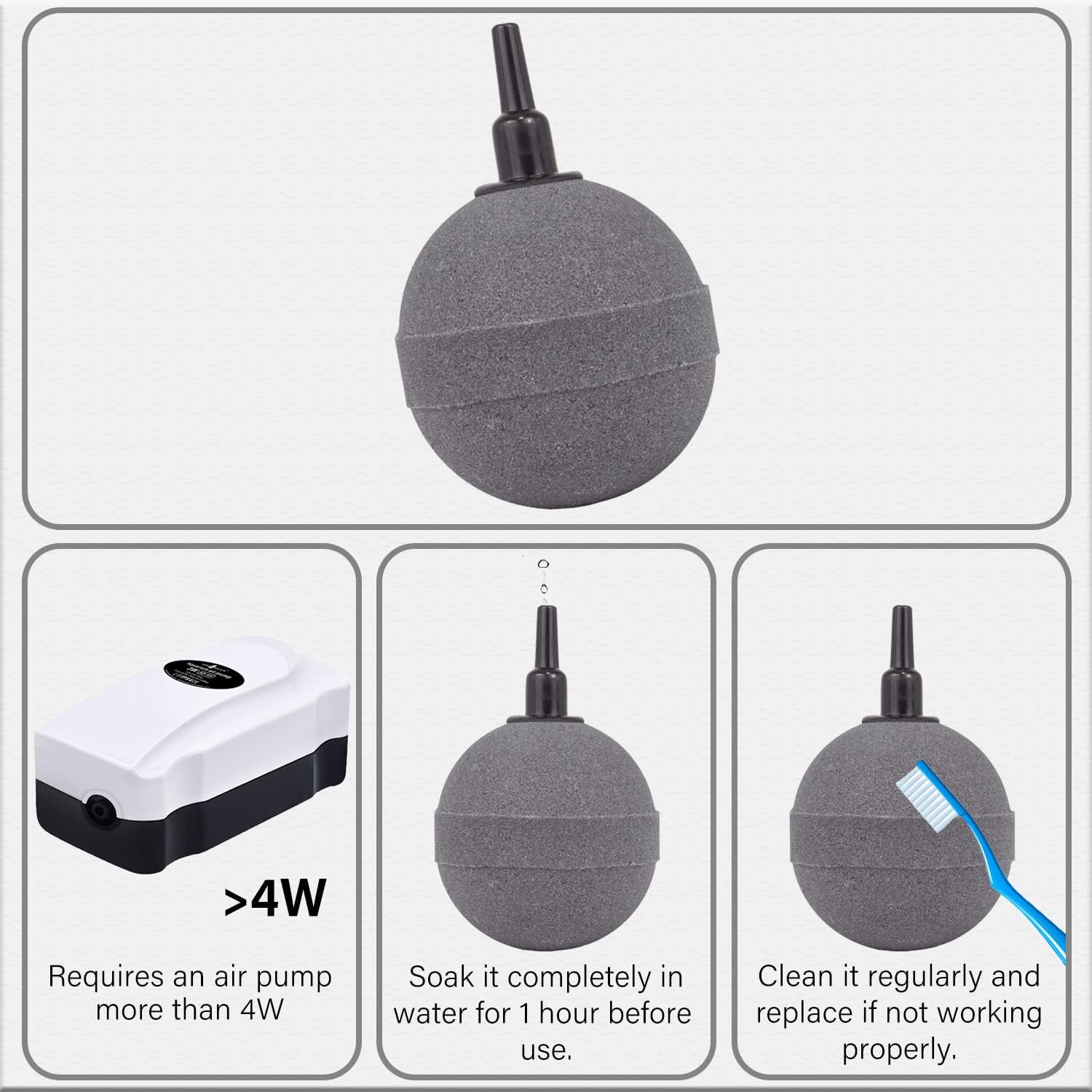 Air Stone Bubble Diffuser Ball - for Aquarium Air Pump and Fish Tanks, Gray, Pack of 10pcs