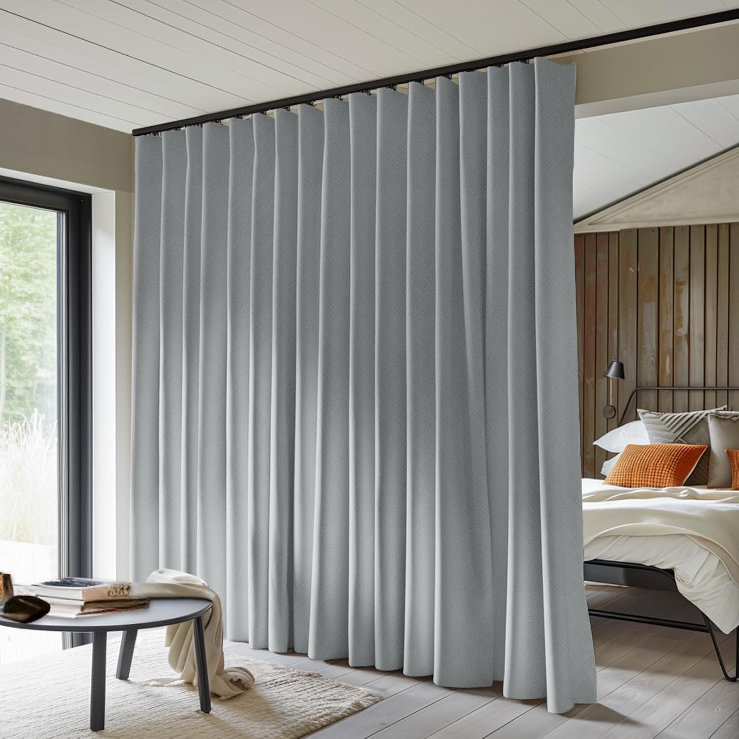 Room Divider Curtains Total Blackout Privacy Curtain Panel Room Thermal Insulated Noise Reduction Curtains for Bedroom Window Living Room Ceiling Track Curtain W 12.5 ft × H 9 ft Grey