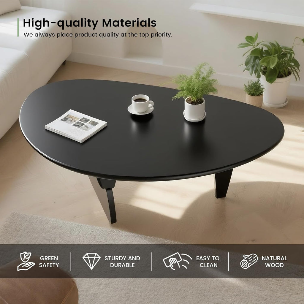 Solid Wooden Modern Triangle Coffee Table: Unique Funky Coffee Tables for Living Room, Oval Mid-Century Irregular Abstract Tea Tables for Patio Office Balcony Bedroom (Black, 35" L x 24" W x 16" H)