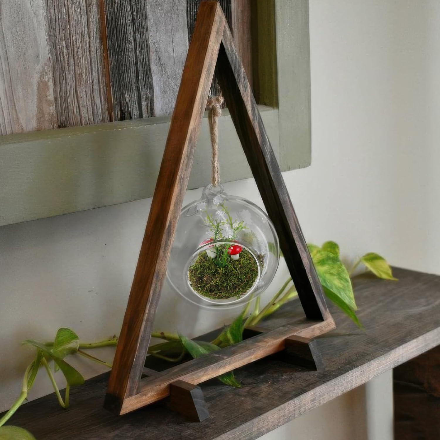 Glass Hanging Planter Terrarium for Indoor Plants Hanging Glass Globes with Artificial Moss Flowers Air Fern Holder Terrarium Plants Hanger Vase Gifts for Plant Lovers Home Decoration