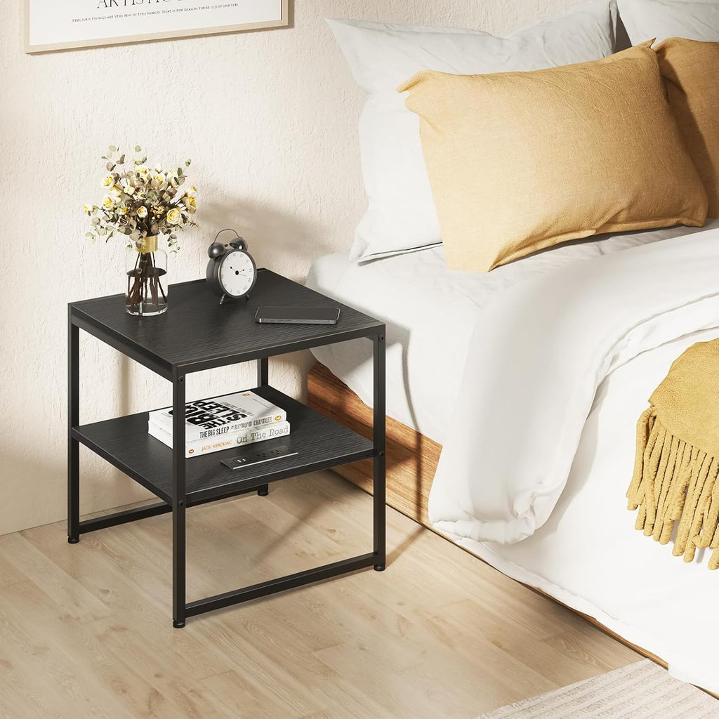 Tatub 20" End Table with Charging Station, Industrial Square Side Table with USB Ports & Outlets, Versatile 2-Tier Small Nightstand for Bedroom Living Room, Black