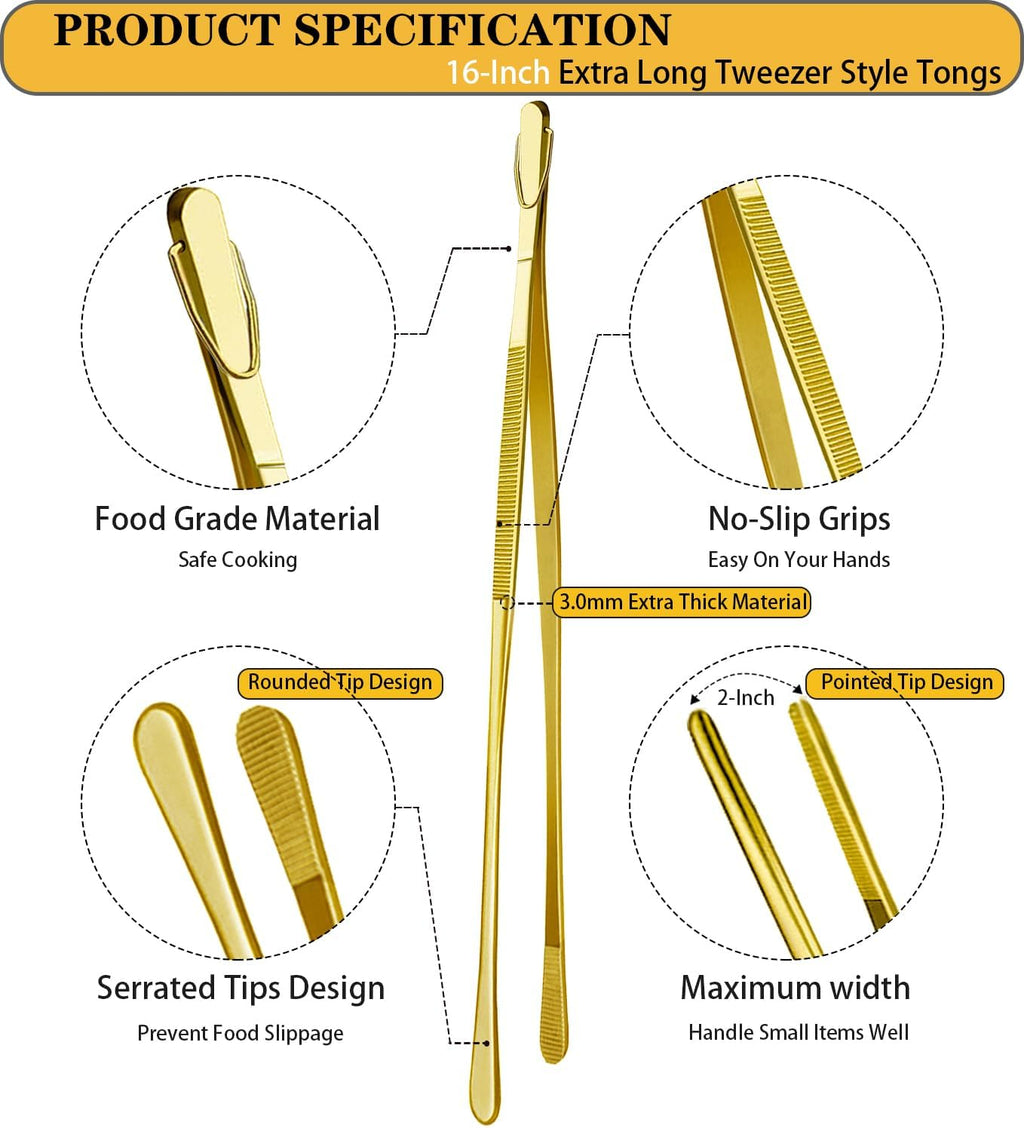 JETKONG 2 Pcs 16-Inch Heavy Duty Cooking Tweezers Extra Large Stainless Steel Food Tweezers Gaint Kitchen Tweezer Tongs (Gold)