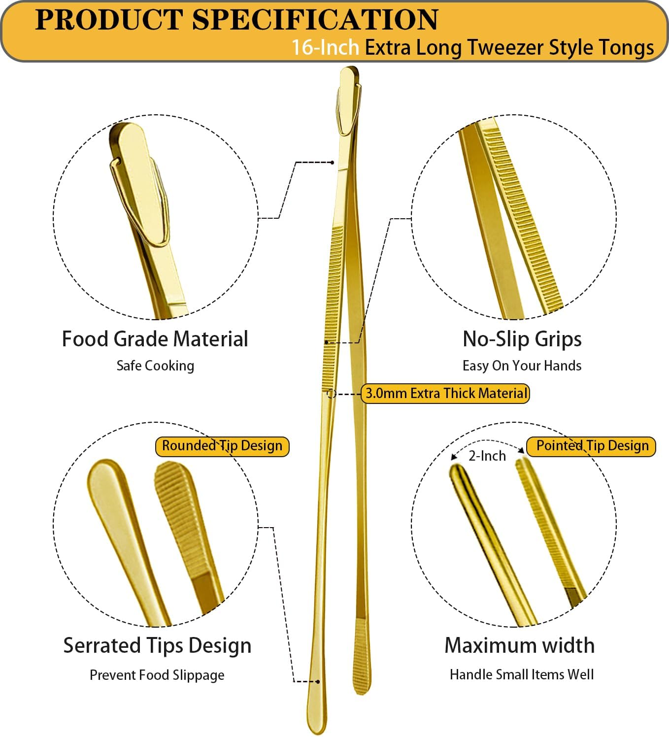 JETKONG 2 Pcs 16-Inch Heavy Duty Cooking Tweezers Extra Large Stainless Steel Food Tweezers Gaint Kitchen Tweezer Tongs (Gold)
