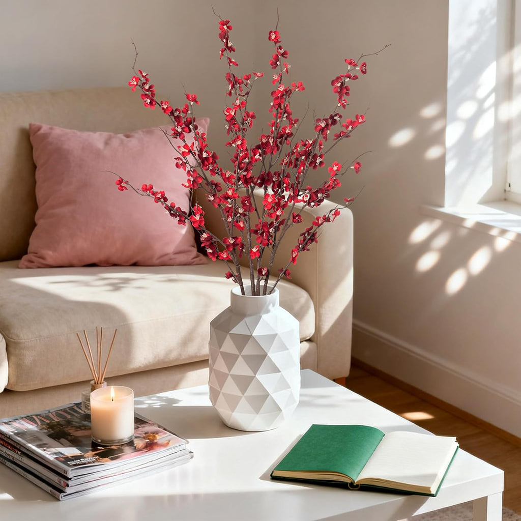 4Pcs Cherry Blossom Branches Artificial Flowers for Spring Summer Indoor Decoration,Faux Long Stem Artificial Flowers for Wedding Home Office Bedroom Party Table Centerpieces Decor(Red)