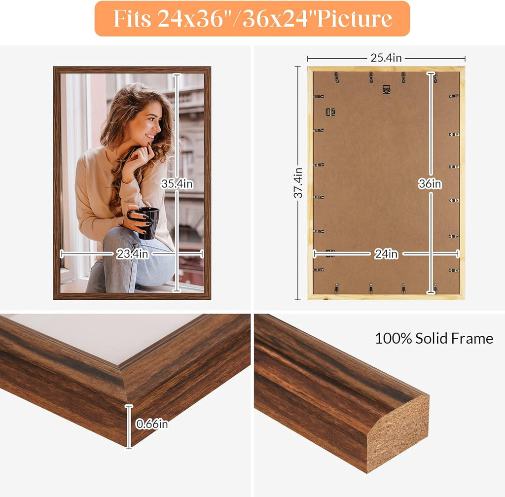 24x36 Poster Frame Brown Wood, Rustic Natural 36x24in Woodgrain Picture Frame, Modern Brown 24 x 36inch Gallery Wall Photo Frame with HD Plexiglass, Horizontal Vertical Wall Mounting Display 1pcs