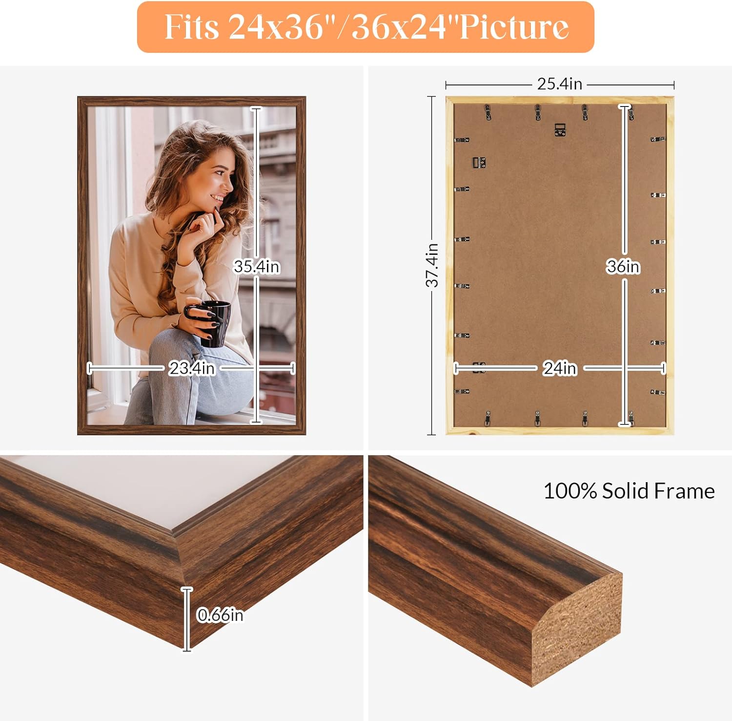 24x36 Poster Frame Brown Wood, Rustic Natural 36x24in Woodgrain Picture Frame, Modern Brown 24 x 36inch Gallery Wall Photo Frame with HD Plexiglass, Horizontal Vertical Wall Mounting Display 1pcs