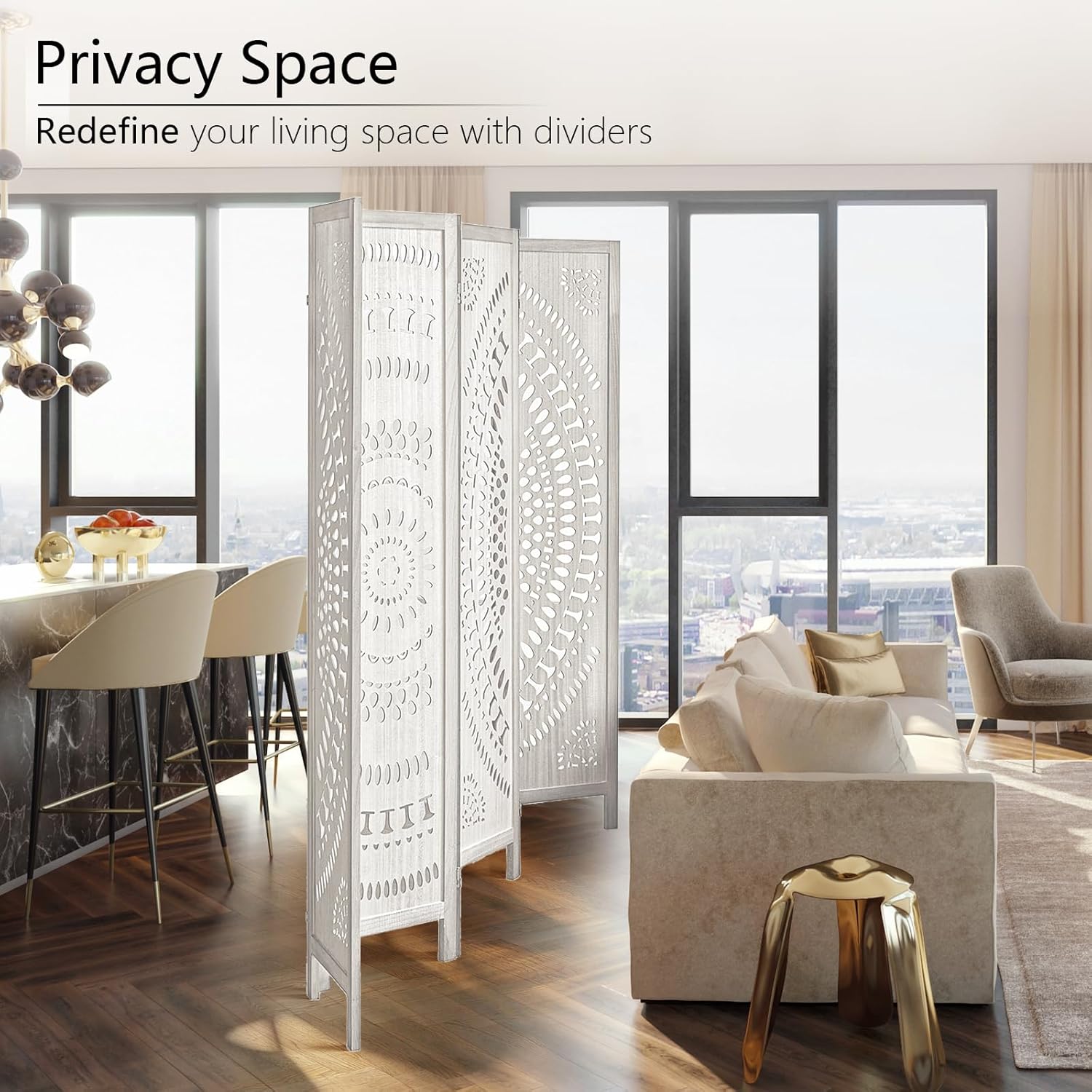 6 Panel Room Divider, Wood Carved Room Divider and Privacy Screen, Folding Room Partition Screen for Room Separation Home Bedroom Office Restaurant Portable Freestanding (Retro White)