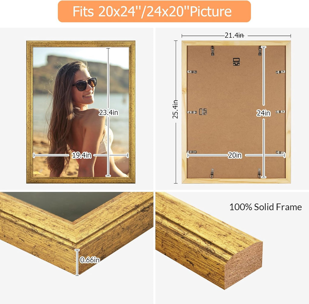 Wood 20x24 Frame Gold, Ornate Natural 24x20in Poster Picture Frame, Modern Golden 20 x 24inch Gallery Wall Photo Frame with HD Plexiglass, Horizontal Vertical Wall Mounting Display 1pcs