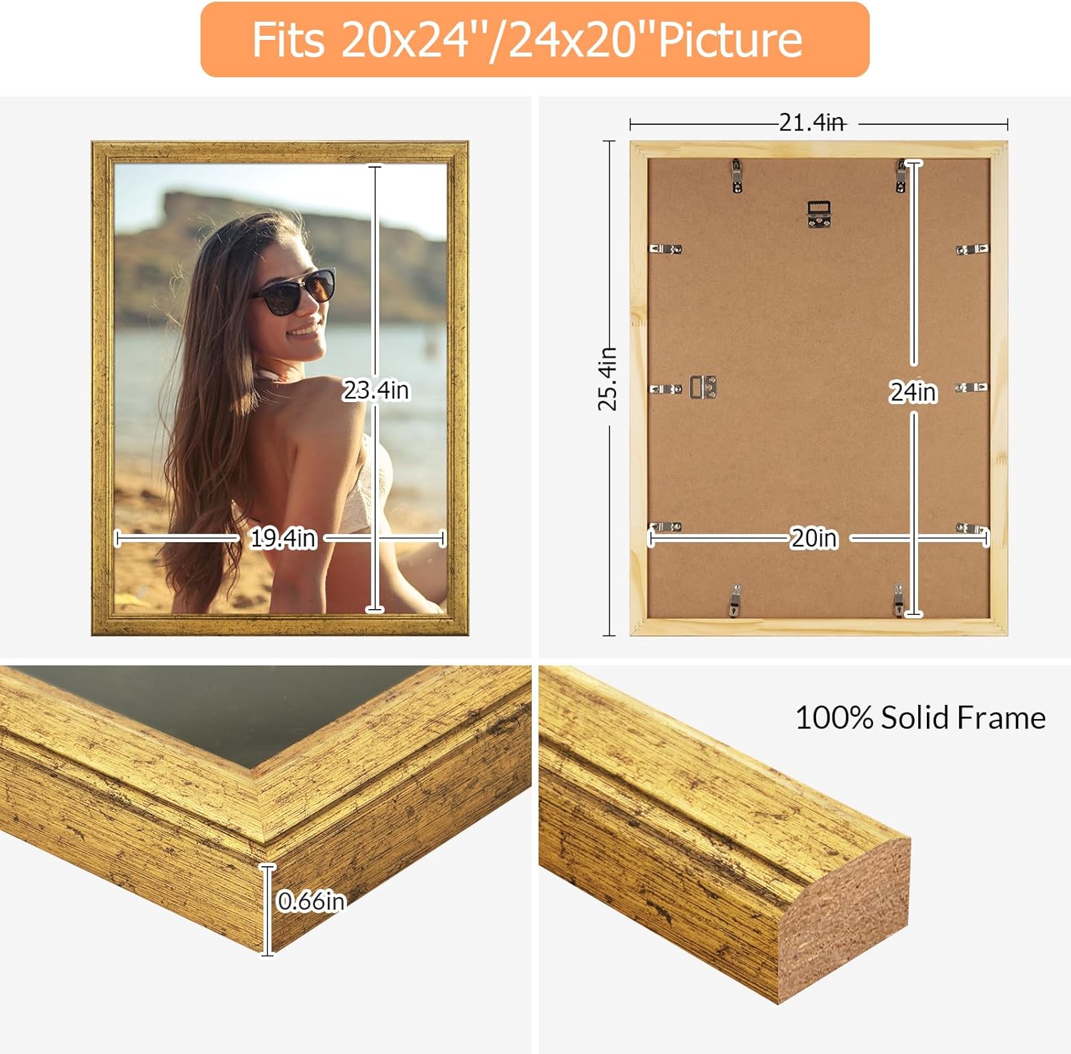 Wood 20x24 Frame Gold, Ornate Natural 24x20in Poster Picture Frame, Modern Golden 20 x 24inch Gallery Wall Photo Frame with HD Plexiglass, Horizontal Vertical Wall Mounting Display 1pcs