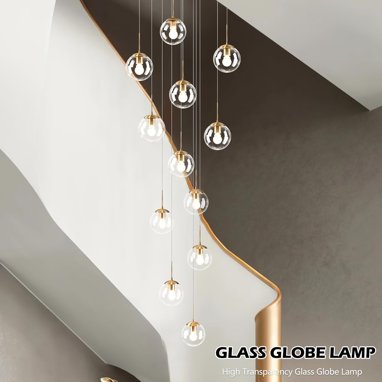 KoKo&Yukina 12-Light Gold Mid Century Modern Chandelier for Living Room Staircase Chandelier for Entryway Clear Globe Glass Chandelier High Ceiling Chandeliers Foyer Entryway (Bulb & Remote Incl.)