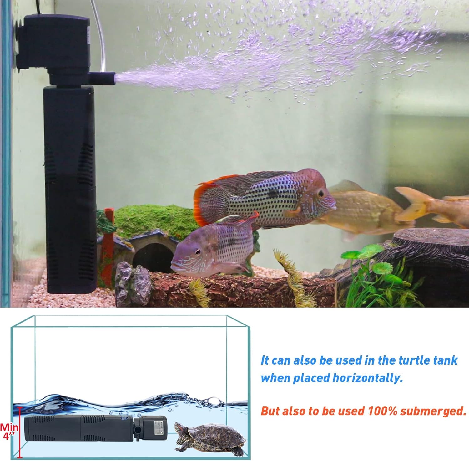 Aquarium Filter for 40-150 Gal. Tank Crystal 300GPH Biochemical Filtration Powerful Pump Submersible Internal Fish Tank Filters Large Tank Pond Clear Wavemaker Air Supply 4 in 1