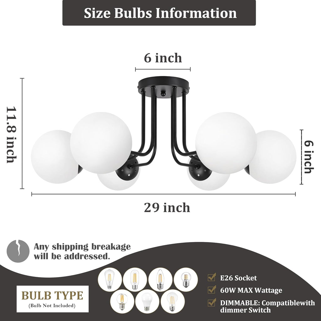 KoKo&Yukina 6-Light Modern Semi Flush Mount Ceiling Light Fixture Mid Century Ceilings Lights Globe Ceiling with Milk Glass Shade Matte Black Finish for Bedroom Hallway Dining Room Living Room