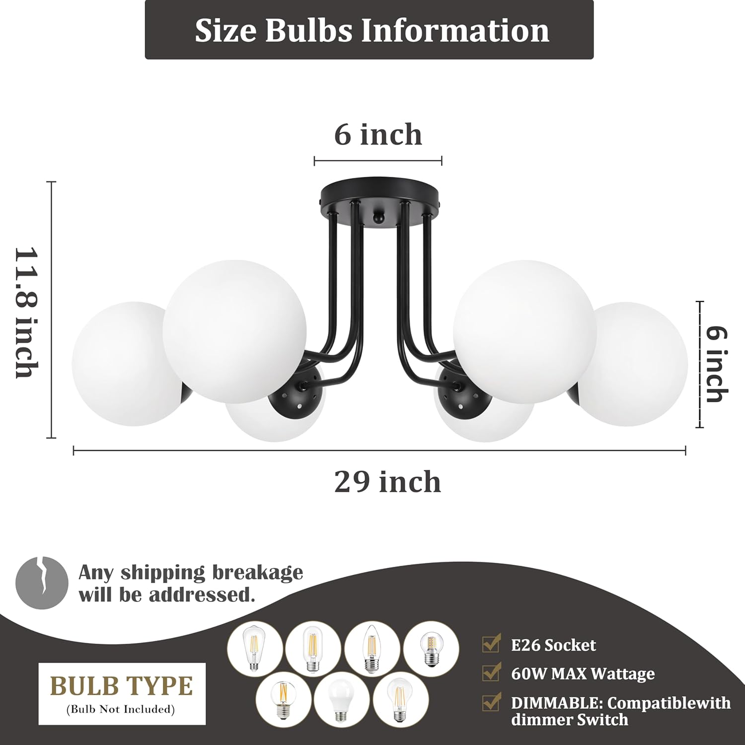 KoKo&Yukina 6-Light Modern Semi Flush Mount Ceiling Light Fixture Mid Century Ceilings Lights Globe Ceiling with Milk Glass Shade Matte Black Finish for Bedroom Hallway Dining Room Living Room