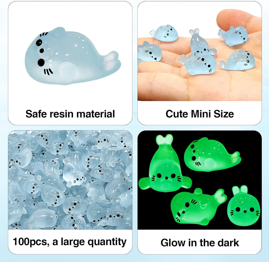 100Pcs Glow in The Dark Mini Seal Figurines, Cute Luminous Resin Sea Animal Decorations for DIY Crafts, Fairy Garden, Aquarium, and Home Decoration