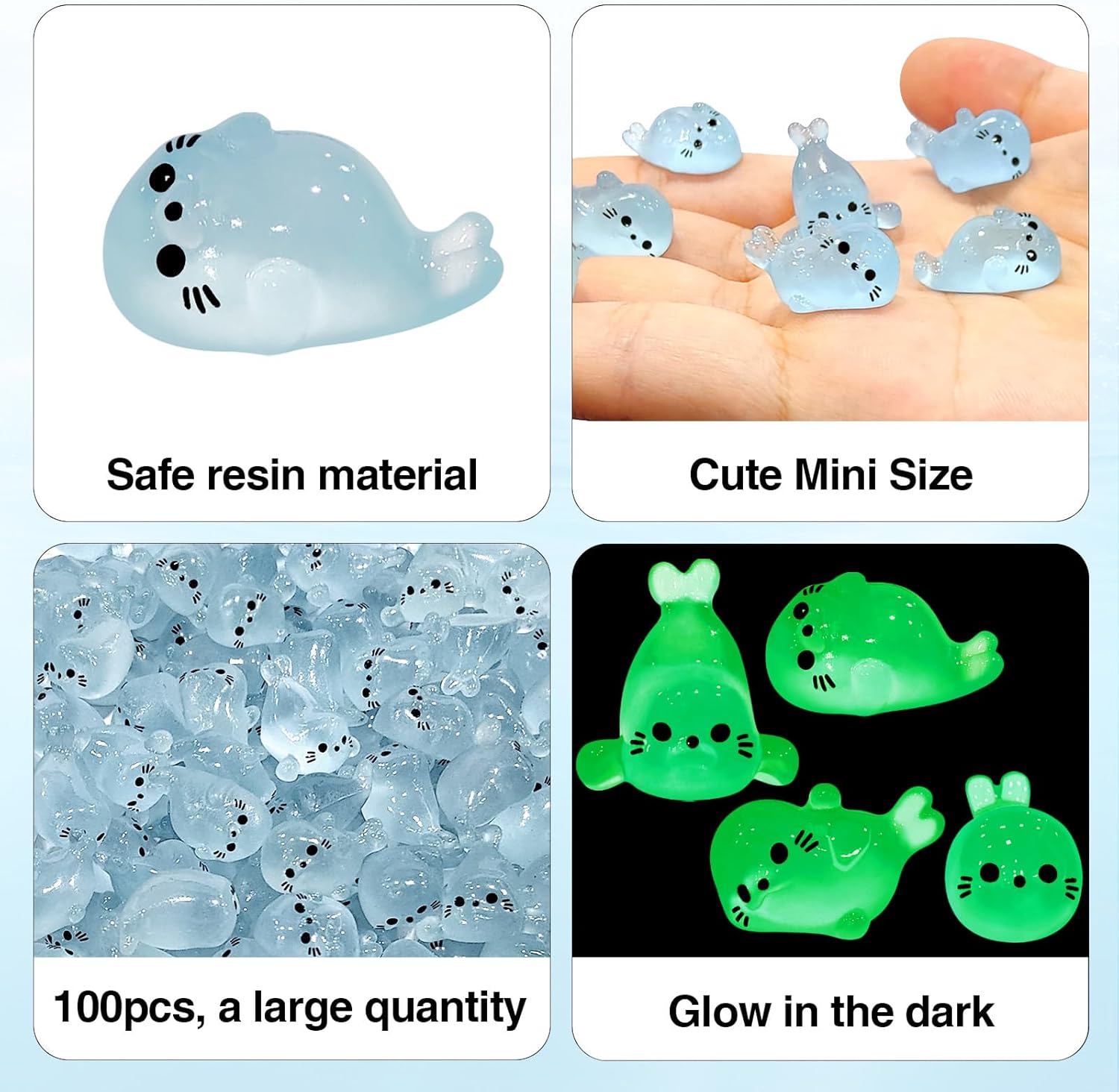 100Pcs Glow in The Dark Mini Seal Figurines, Cute Luminous Resin Sea Animal Decorations for DIY Crafts, Fairy Garden, Aquarium, and Home Decoration