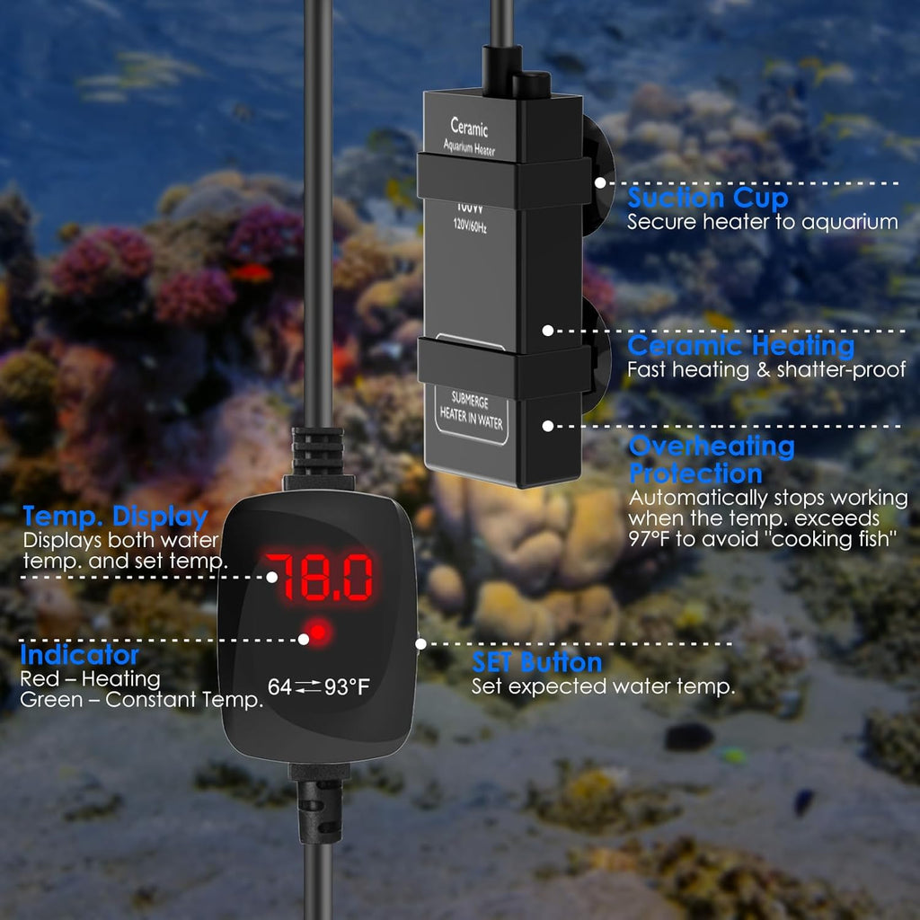 Aquarium Heater 100W Super Small Fish Tank Heater with Digital Display Thermostat, Alumina Ceramic Betta Tank Heater Turtle Heater for 10-20 Gallon Tanks