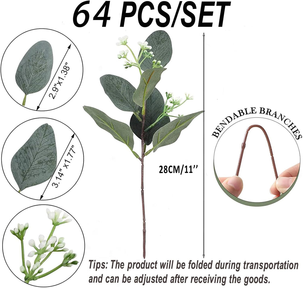 64 PCS Artificial Greenery Stems,Silver Dollar Eucalyptus Stems with 384 Eucalyptus Leaves White Seed Branches for Flower Arrangements,Wedding Bouquets