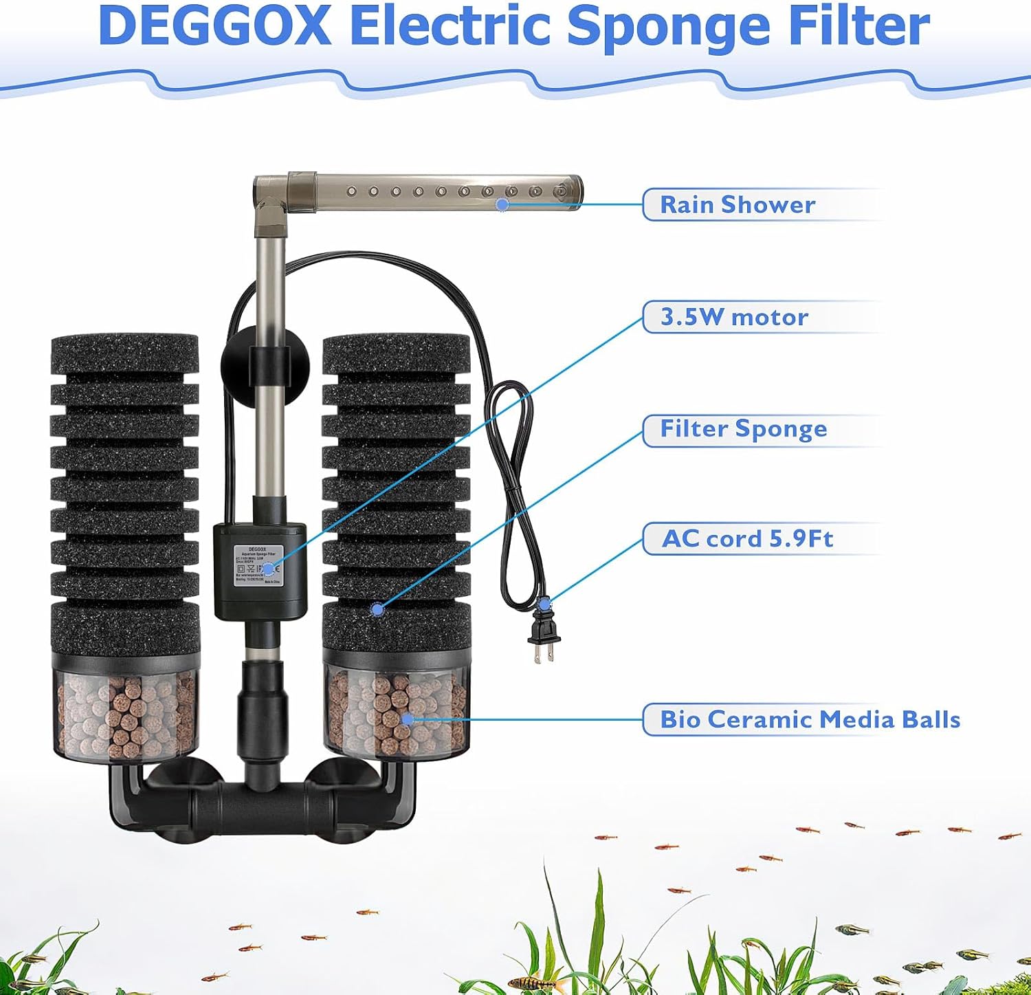 Upgrade Aquarium Electric Power Sponge Filter with Submersible Pump ，Ultra-Quiet Motor with Bio Ceramic Media Balls and 2 Spare Sponge (L for 20-55 Gal)