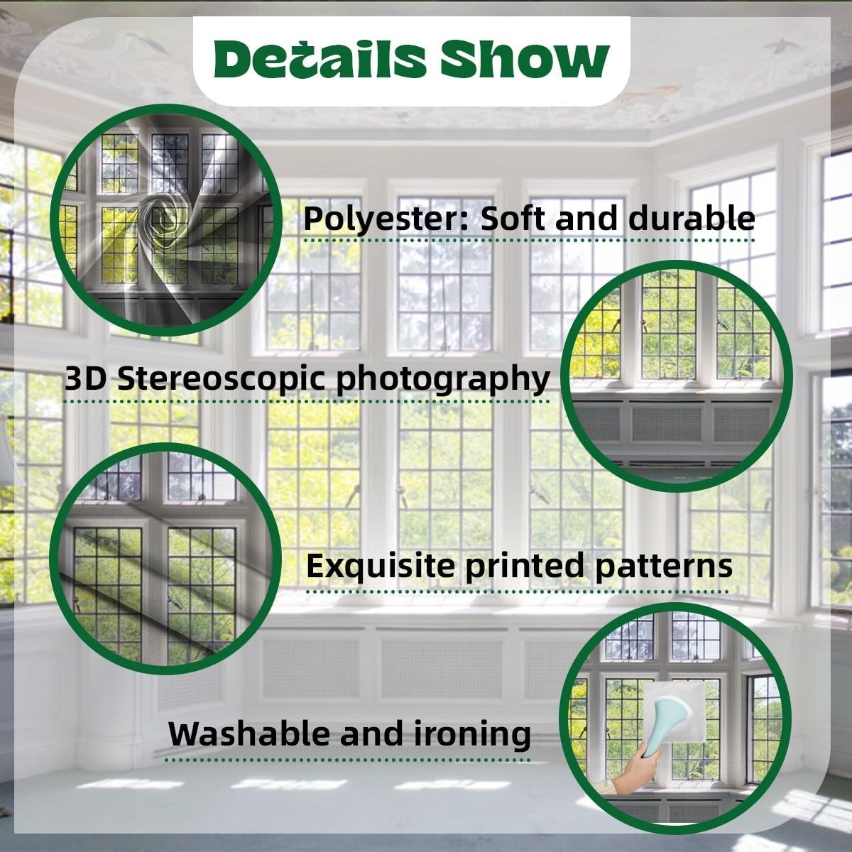 9x6ft Window Landscape Backdrop Summer White Panel Window Green Plant Sunlight Photography Background Anniversary Birthday Party Holiday Festival Portrait Studio Photo Props Polyester