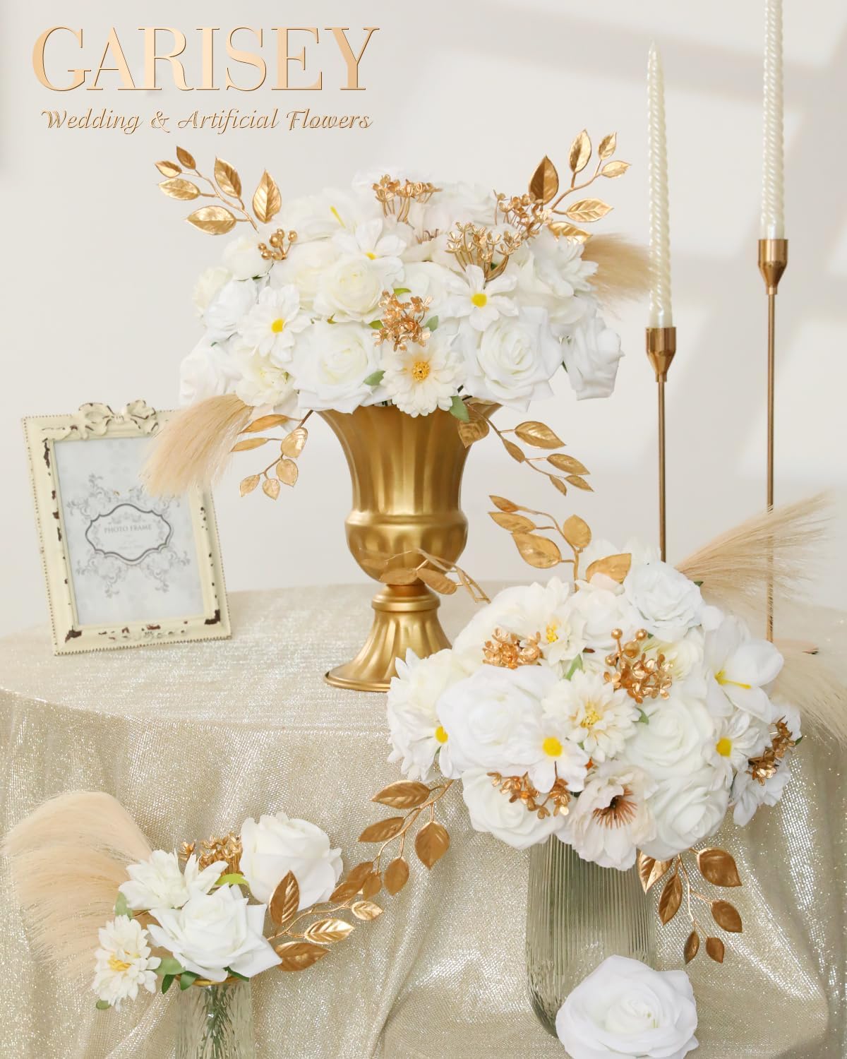 Artificial Flowers Combo, Mix Silk Flowers Roses, Peonies, Dahlias with Stems for DIY Wedding Bridal Bouquets, Baby Shower, Table Centerpieces, Home Decor, Fake Floral Arrangements-White