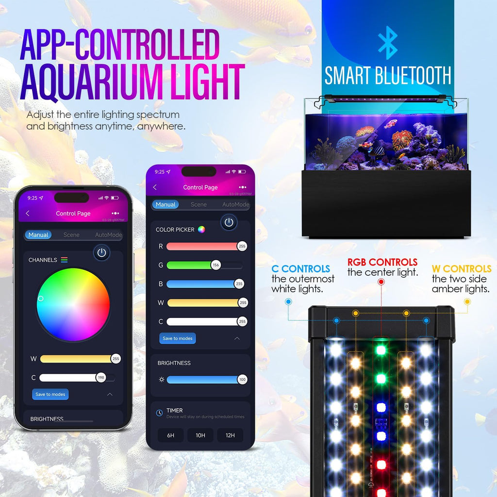 22W Smart Bluetooth App-Controlled Aquarium Light - Customizable Light Colors,Timeable,24/7 User-Defined Sunrise/Sunset Simulation,Tropical Lighting Mode,Suitable for 24-30" Fish Tanks