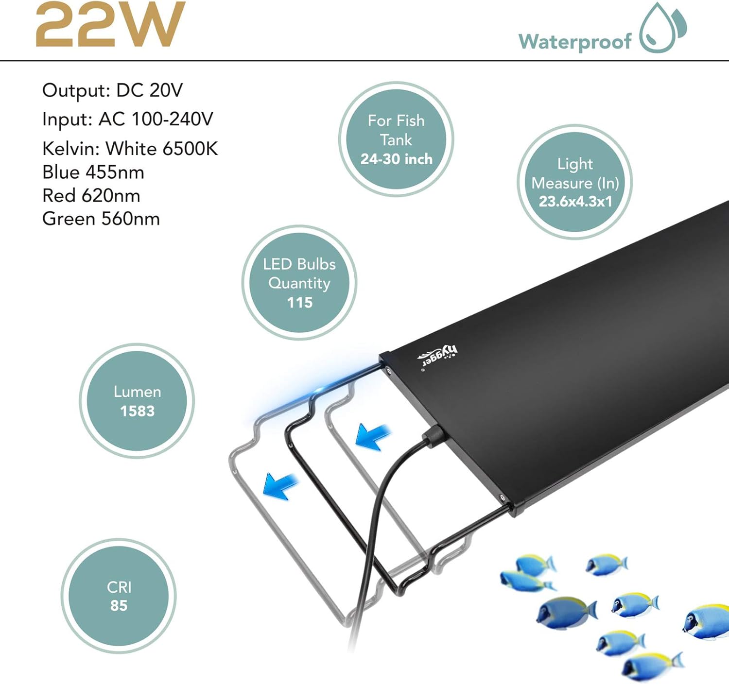 hygger 22W 24/7 Lighting Aquarium LED Light, Sunrise-Daylight-Moonlight Mode and DIY Mode, Adjustable Timer Adjustable Brightness Fish Tank Light with Extendable Bracket 7 Colors for Planted Tank