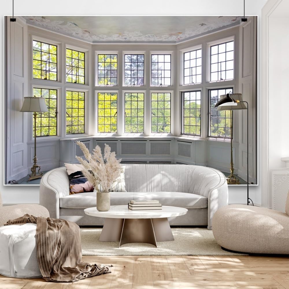 10x6.5ft Window Landscape Backdrop Summer White Panel Window Green Plant Sunlight Photography Background Anniversary Birthday Party Holiday Festival Portrait Studio Photo Props Polyester