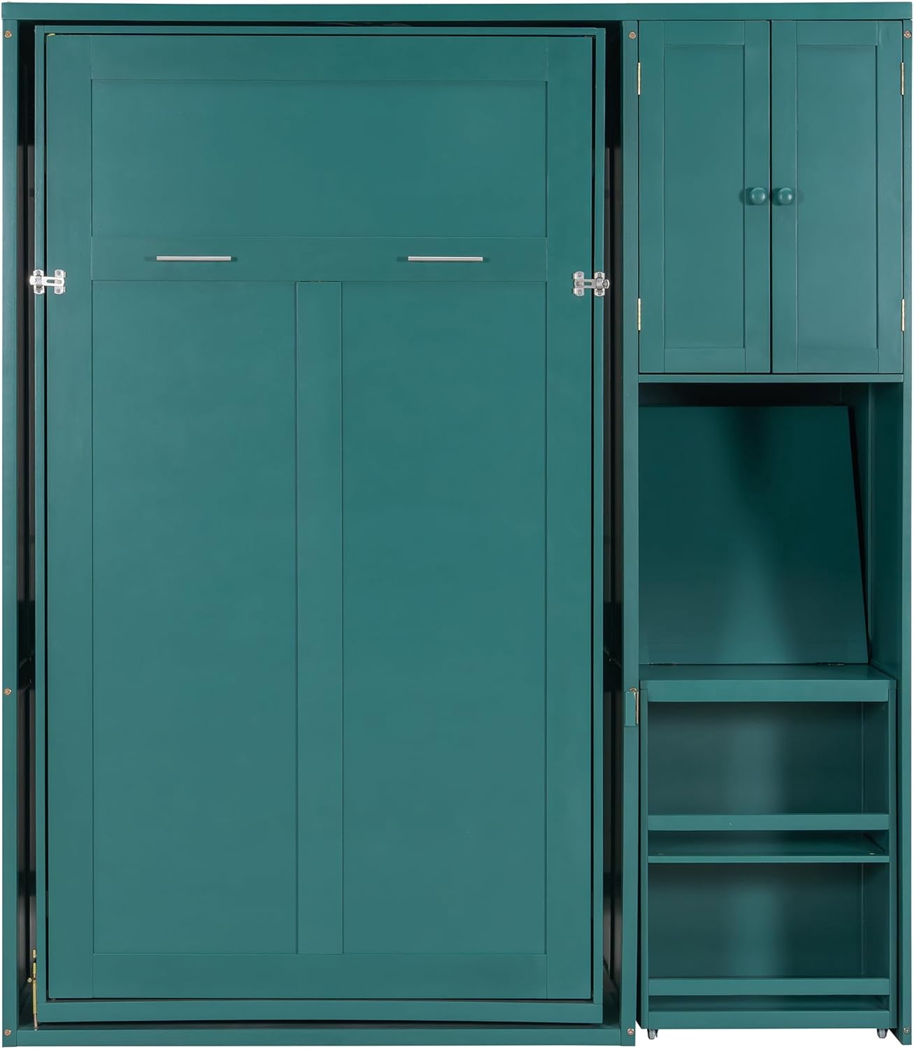 MERITLINE Twin Murphy Bed with Storage Bookcase Bookshelf, Extendable Desk and Cabinet, Wood Rotatable Hidden Murphy Bed with Desk and Shelves,for Adults (Teal)