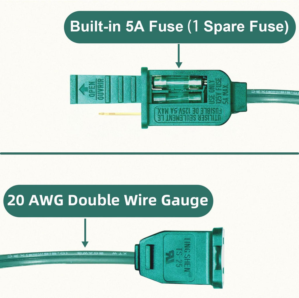 3 Pack Green Extension Cord 6 Feet 2 Prong Extension Cord for Christmas Lights Waterproof with 2 Pole Brass Straight Blades Polarized Plug, for Connect/Extend Christmas Light Indoor Outdoor (18Ft)