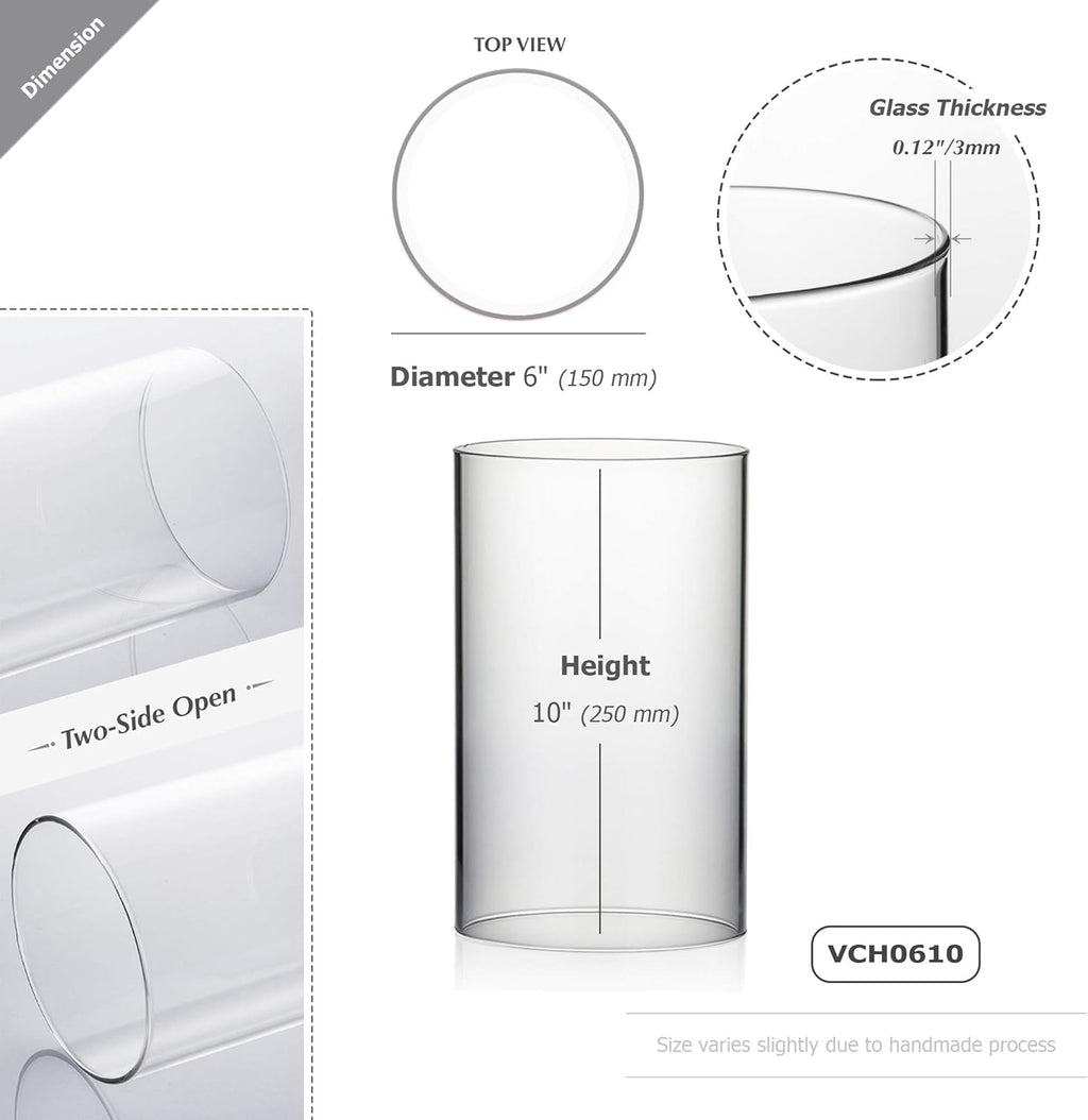 WGVI Hurricane Candle Holder Sleeve, Wide 6", Height 10", Clear Glass Cylinder Candleholder, Chimney Tube, Open Ended Candle Shade, 6 Pieces Bulk