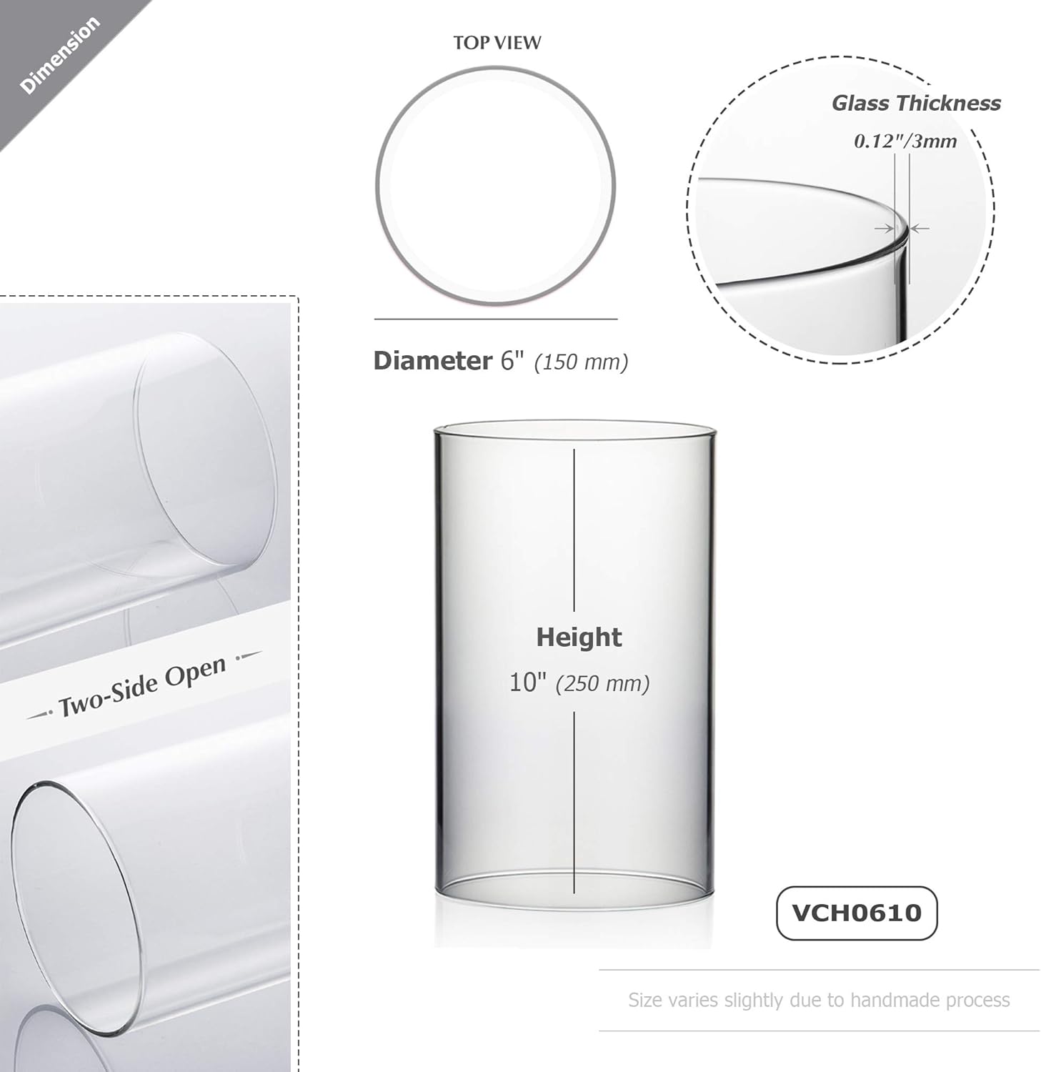 WGVI Hurricane Candle Holder Sleeve, Wide 6", Height 10", Clear Glass Cylinder Candleholder, Chimney Tube, Open Ended Candle Shade, 6 Pieces Bulk