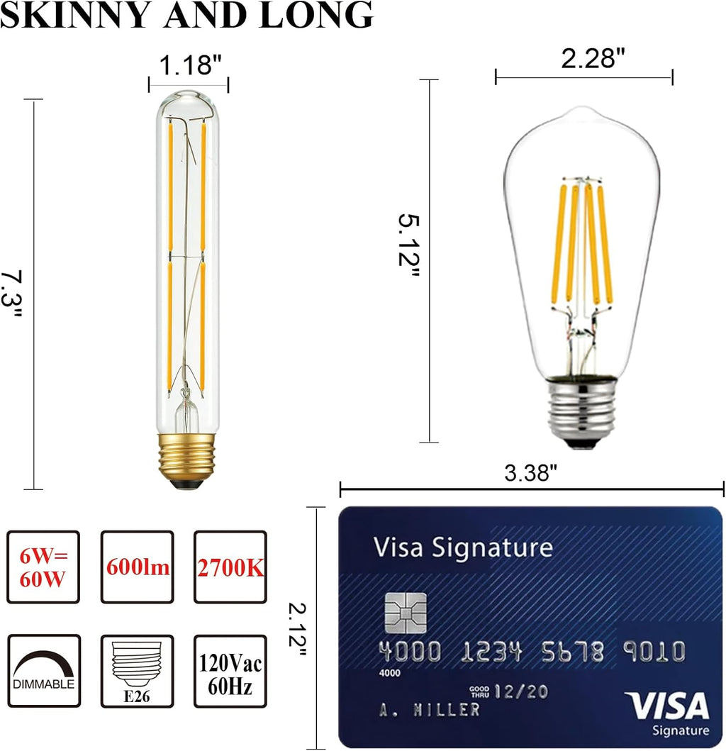 Arberlic 7.3 Inch T10 LED Bulb,6W Tubular Light Bulb Equivalent E26 led Bulb 60 watt dimmable,Warm White 2700K,600lm,CRI85+,AC120V,Clear Glass Long E26 Edison Bulb,Flicker-Free,Pack of 6